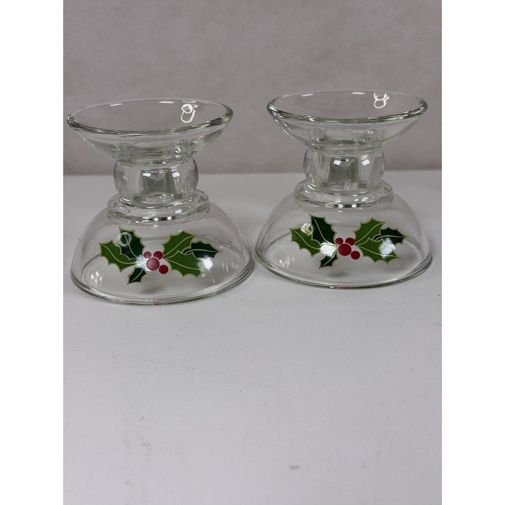 Vintage 1981 Avon Holiday Hostess Collection Glass Candle Holders Holly Set of 2